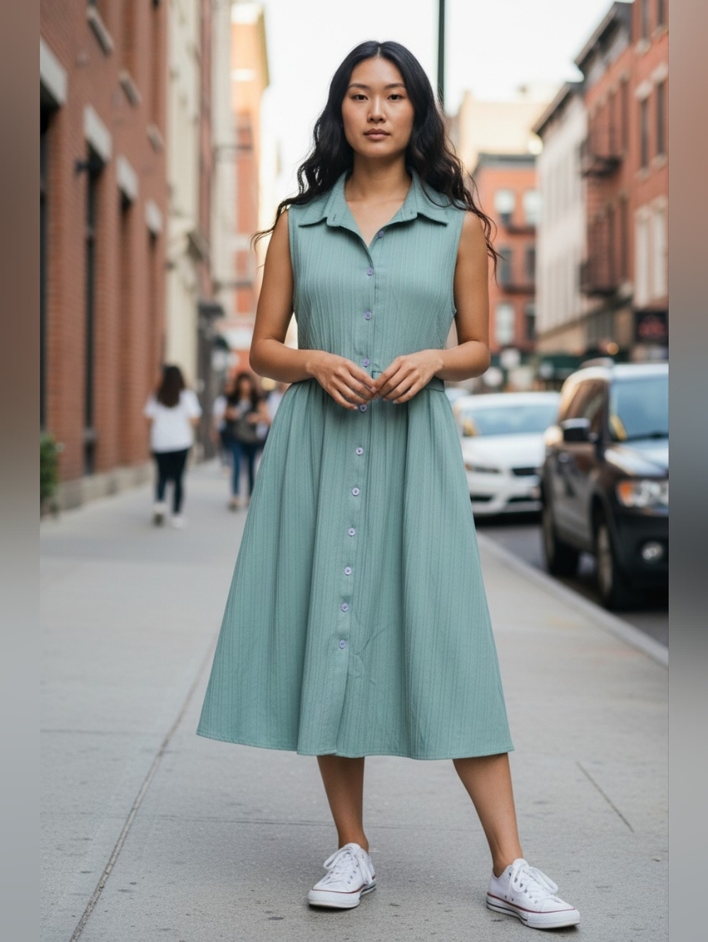 🔴Bloomchic Sleeveless Collared Button-Front Midi Dress in Sage Green - Picture 2 of 4
